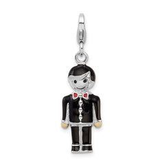 Sterling Silver Rhodium-plated w/ Lobster Clasp Black Enamel Groom Charm