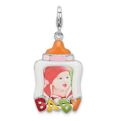 Amore La Vita Sterling Silver Rhodium-plated Polished Enameled Baby Picture Frame Charm with Fancy Lobster Clasp