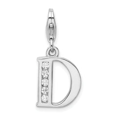 Amore La Vita Sterling Silver Rhodium-plated Polished CZ Letter D Initial Charm with Fancy Lobster Clasp