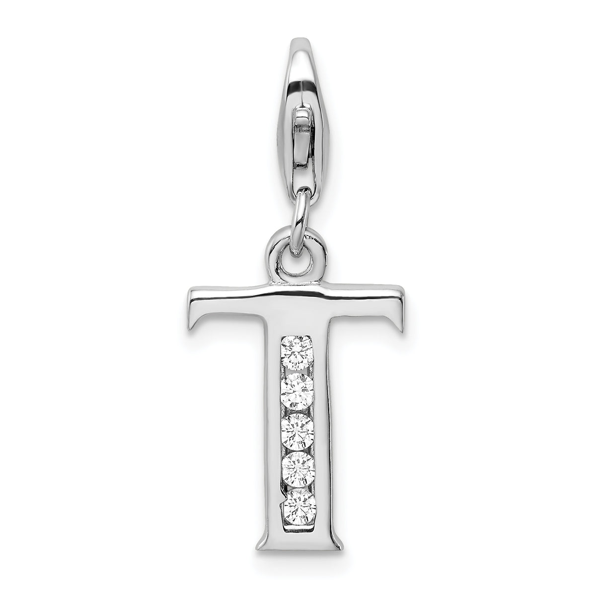 Amore La Vita Sterling Silver Rhodium-plated Polished CZ Letter T Initial Charm with Fancy Lobster Clasp