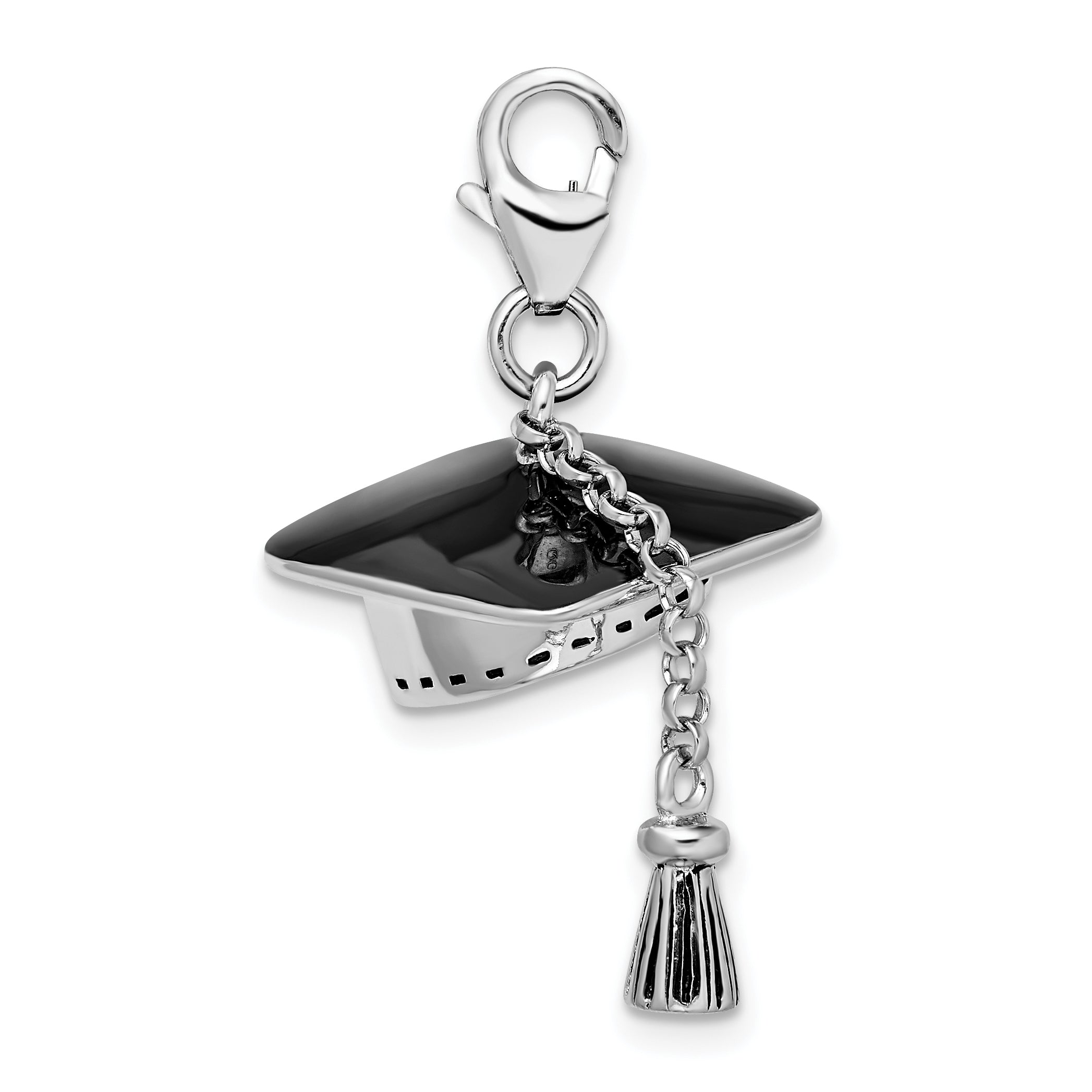 Amore La Vita Sterling Silver Rhodium-plated Polished 3-D Moveable Graduation Cap and Tassel Charm with Fancy Lobster Clasp