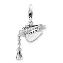 Amore La Vita Sterling Silver Rhodium-plated Polished 3-D Moveable Graduation Cap and Tassel Charm with Fancy Lobster Clasp