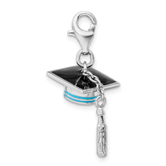 Amore La Vita Sterling Silver Rhodium-plated Polished 3-D Moveable Blue Enameled Graduation Cap Charm with Fancy Lobster Clasp