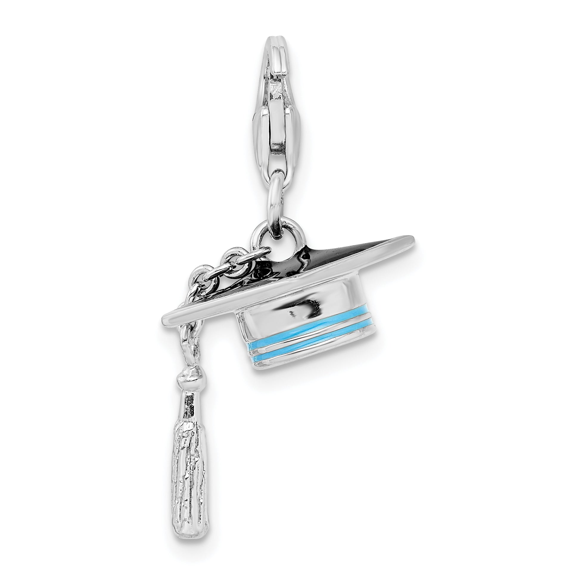 Amore La Vita Sterling Silver Rhodium-plated Polished 3-D Moveable Blue Enameled Graduation Cap Charm with Fancy Lobster Clasp