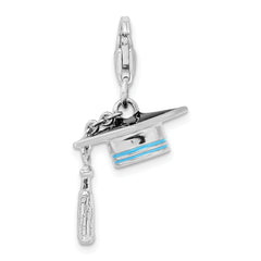 Amore La Vita Sterling Silver Rhodium-plated Polished 3-D Moveable Blue Enameled Graduation Cap Charm with Fancy Lobster Clasp