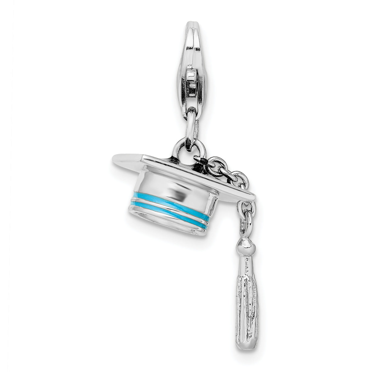 Amore La Vita Sterling Silver Rhodium-plated Polished 3-D Moveable Blue Enameled Graduation Cap Charm with Fancy Lobster Clasp