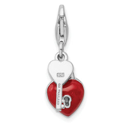 Amore La Vita Sterling Silver Rhodium-plated Polished 3-D Enameled Heart And Key Charm with Fancy Lobster Clasp