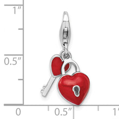 Amore La Vita Sterling Silver Rhodium-plated Polished 3-D Enameled Heart And Key Charm with Fancy Lobster Clasp