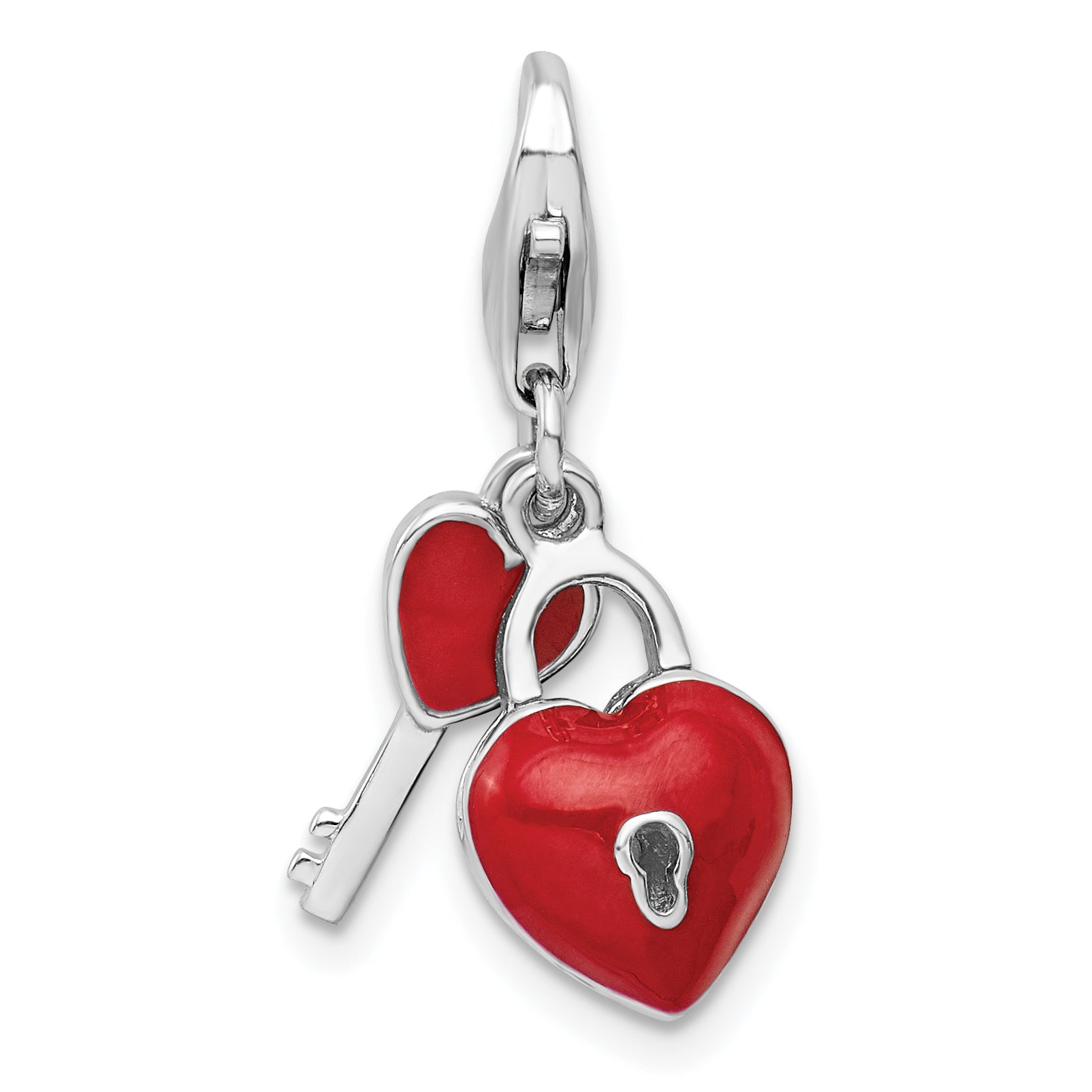 Amore La Vita Sterling Silver Rhodium-plated Polished 3-D Enameled Heart And Key Charm with Fancy Lobster Clasp