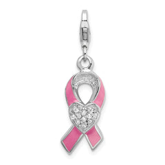 Amore La Vita Sterling Silver Rhodium-plated Polished 3-D Enameled With CZ Pink Awareness Ribbon and Heart Charm with Fancy Lobster Clasp