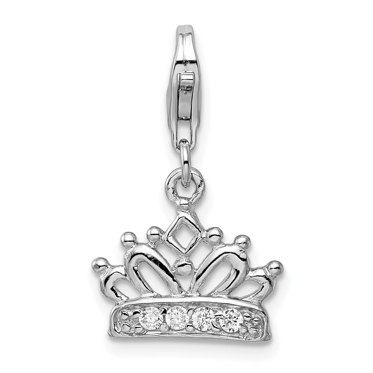 Amore La Vita Sterling Silver Rhodium-plated Polished CZ Crown Charm with Fancy Lobster Clasp