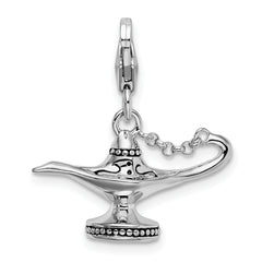 Amore La Vita Sterling Silver Rhodium-plated Polished 3-D Enameled Magic Lamp Charm with Fancy Lobster Clasp