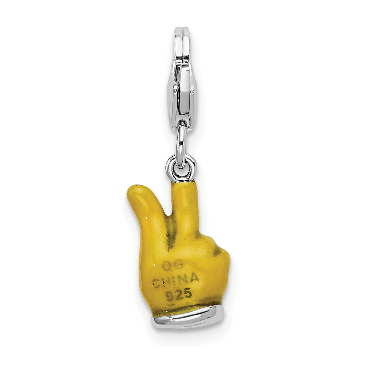 Sterling Silver Yellow Enameled Hand Peace Sign With Lobster Clasp Charm