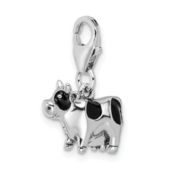 Sterling Silver Enameled Cow with Lobster Clasp Charm