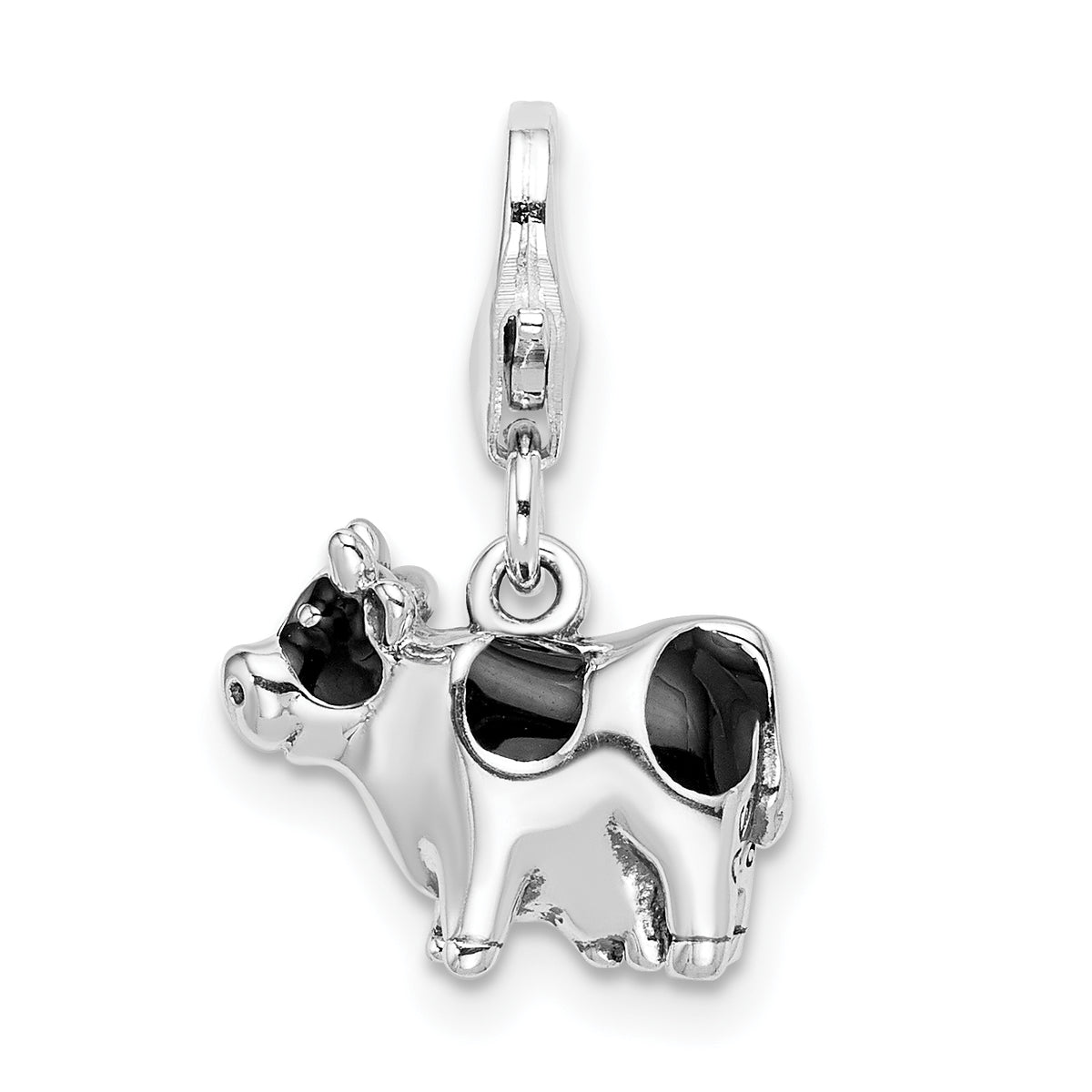 Amore La Vita Sterling Silver Rhodium-plated Polished 3-D Enameled Cow Charm with Fancy Lobster Clasp