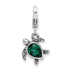 Amore La Vita Sterling Silver Rhodium-plated Polished 3-D Green Crystal From Swarovski Turtle Charm with Fancy Lobster Clasp