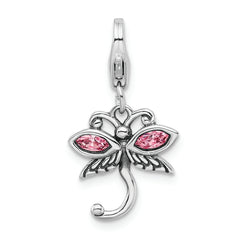 Amore La Vita Sterling Silver Rhodium-plated Polished Pink Crystal From Swarovski Dragonfly Charm with Fancy Lobster Clasp