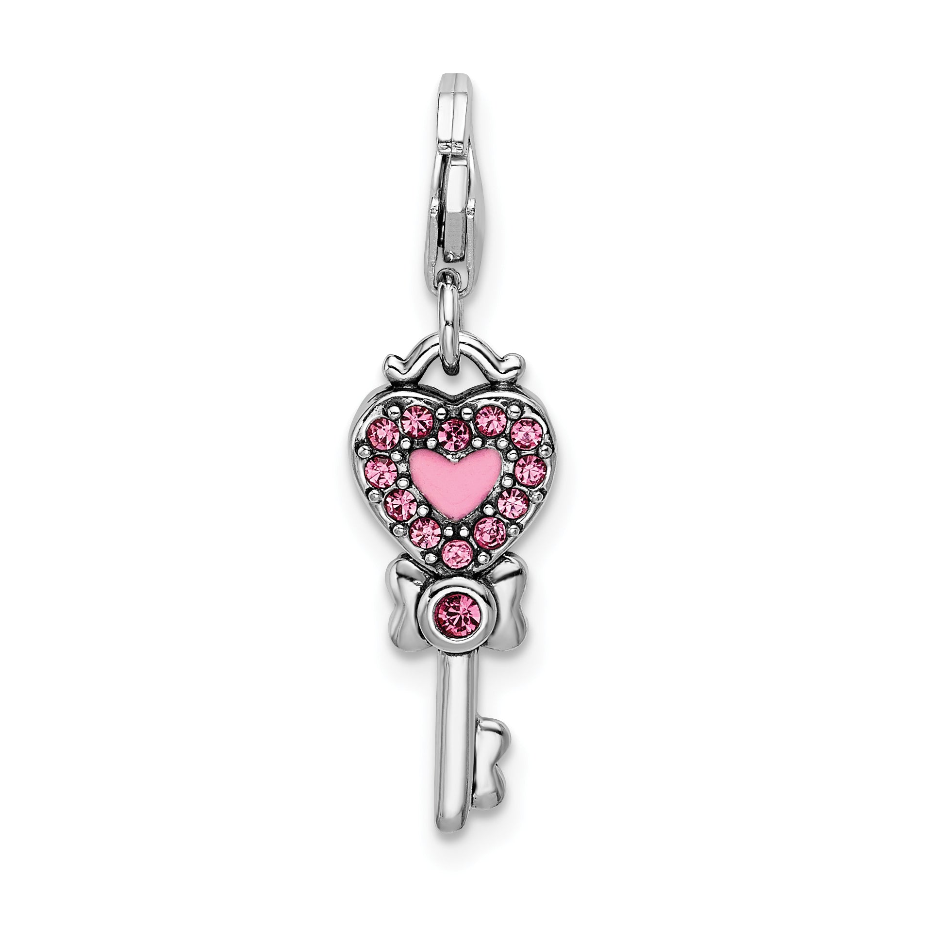 Sterling Silver Pink & Blue Swarovski Rvsble Heart Key w/Lobster Clasp Char