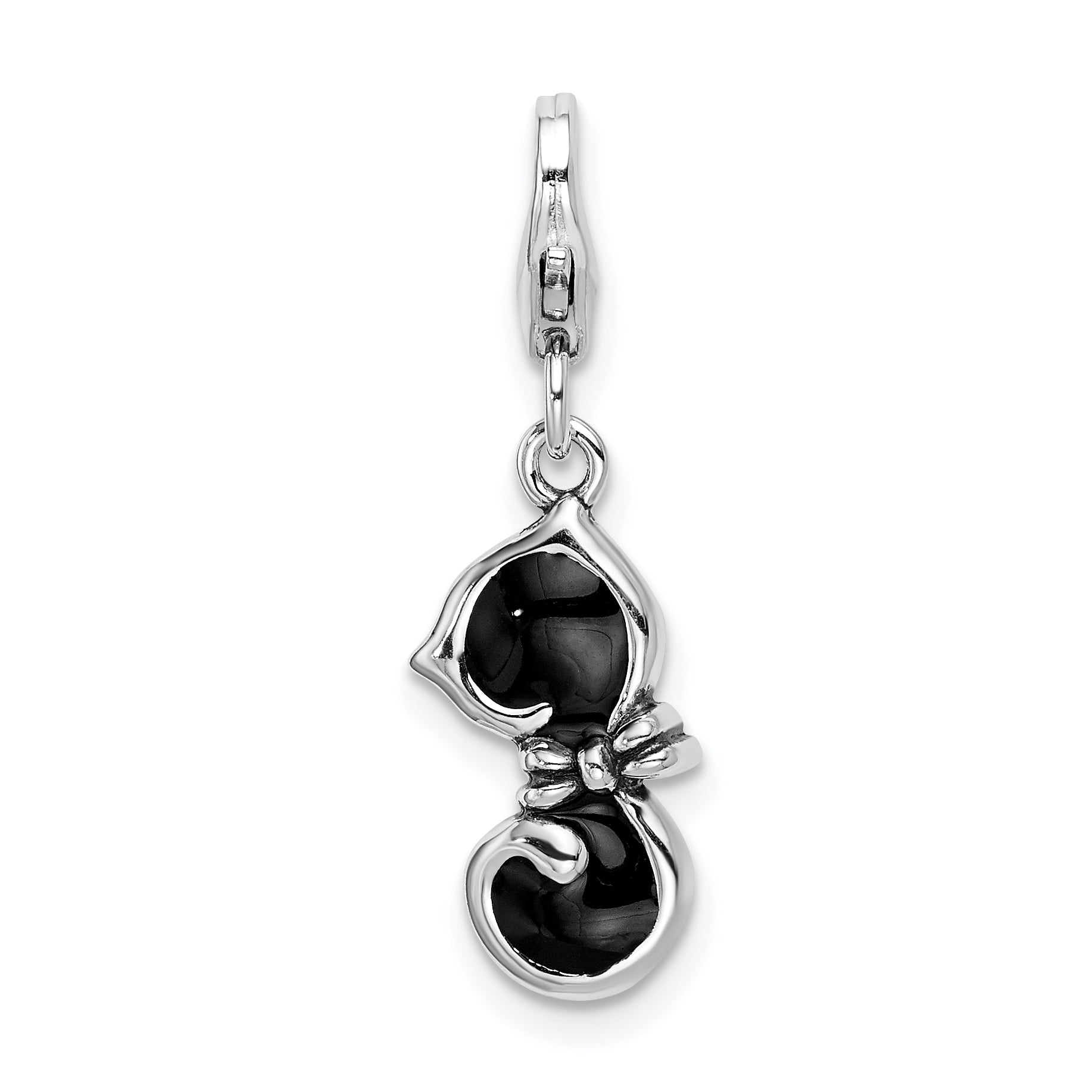 Amore La Vita Sterling Silver Rhodium-plated Polished 3-D Black Enameled Cat Charm with Fancy Lobster Clasp