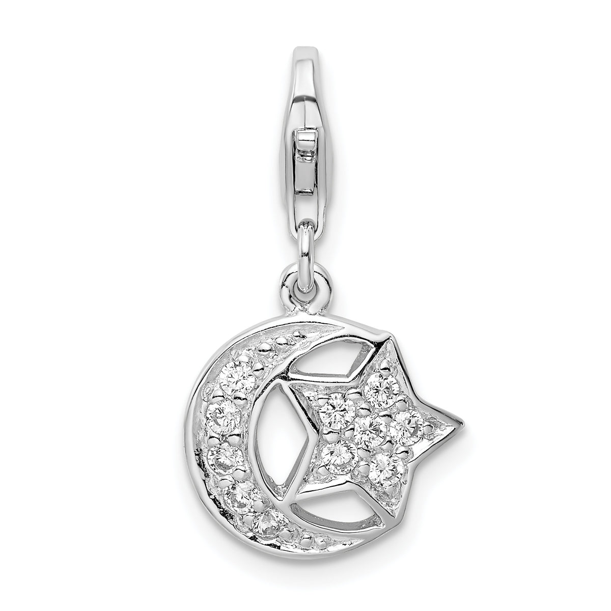 Amore La Vita Sterling Silver Rhodium-plated Polished CZ Moon and Star Charm with Fancy Lobster Clasp