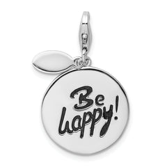 Sterling Silver 925 BE HAPPY Charm with Polished Rhodium Finish