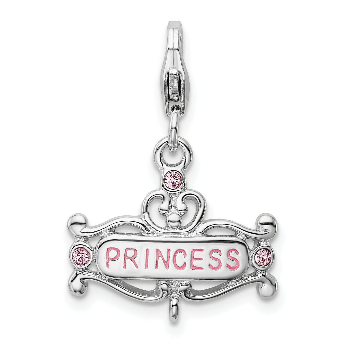 Amore La Vita Sterling Silver Rhodium-plated Polished Pink CZ Enameled PRINCESS Charm with Fancy Lobster Clasp