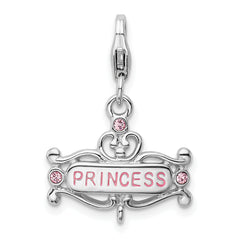 Amore La Vita Sterling Silver Rhodium-plated Polished Pink CZ Enameled PRINCESS Charm with Fancy Lobster Clasp