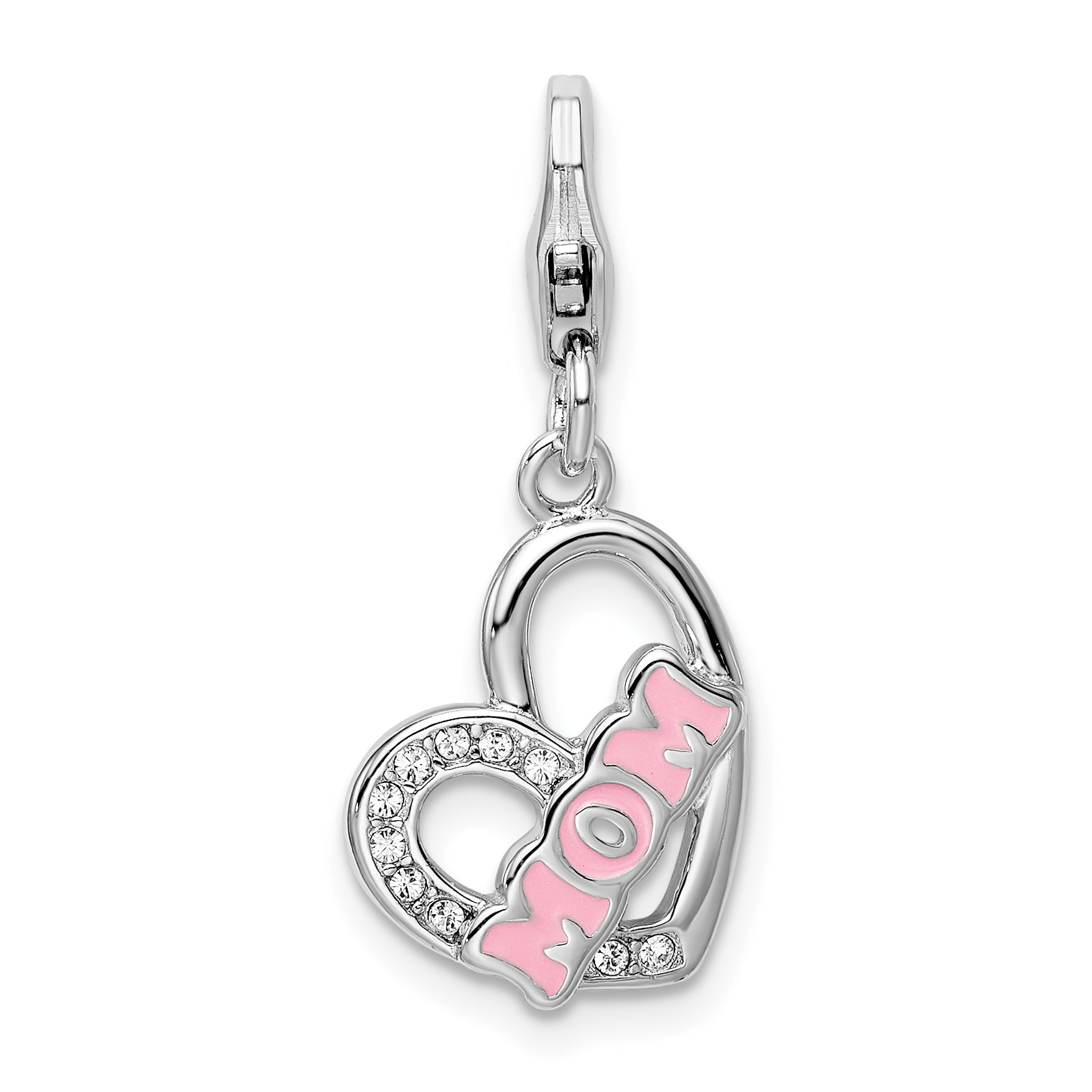 Amore La Vita Sterling Silver Rhodium-plated Polished Enameled with Crystal From Swarovski MOM Heart Charm with Fancy Lobster Clasp