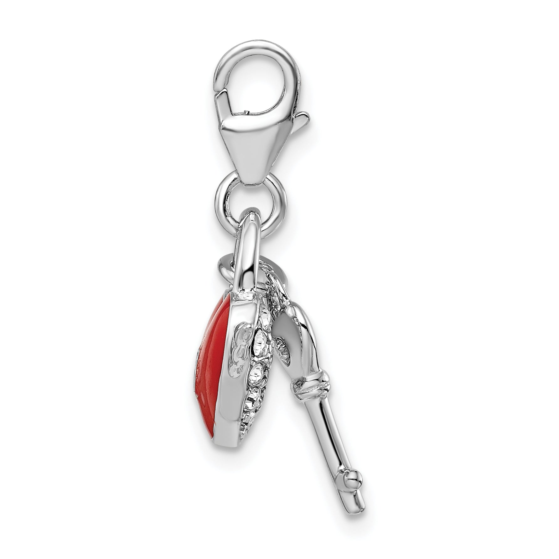 Amore La Vita Sterling Silver Rhodium-plated Polished Reversible Red Enameled Winged Heart and Key with Crystal From Swarovski Charm with Fancy Lobster Clasp