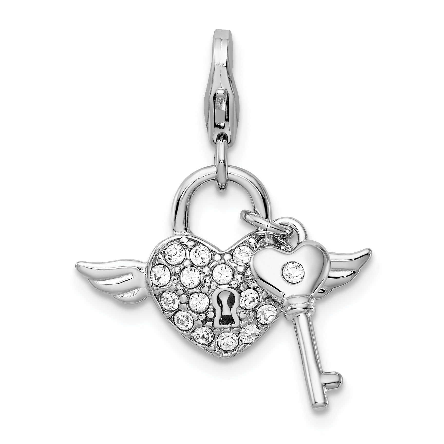 Amore La Vita Sterling Silver Rhodium-plated Polished Reversible Red Enameled Winged Heart and Key with Crystal From Swarovski Charm with Fancy Lobster Clasp