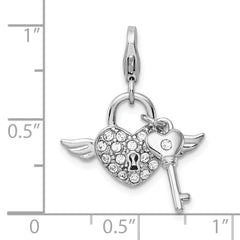 Amore La Vita Sterling Silver Rhodium-plated Polished Reversible Red Enameled Winged Heart and Key with Crystal From Swarovski Charm with Fancy Lobster Clasp