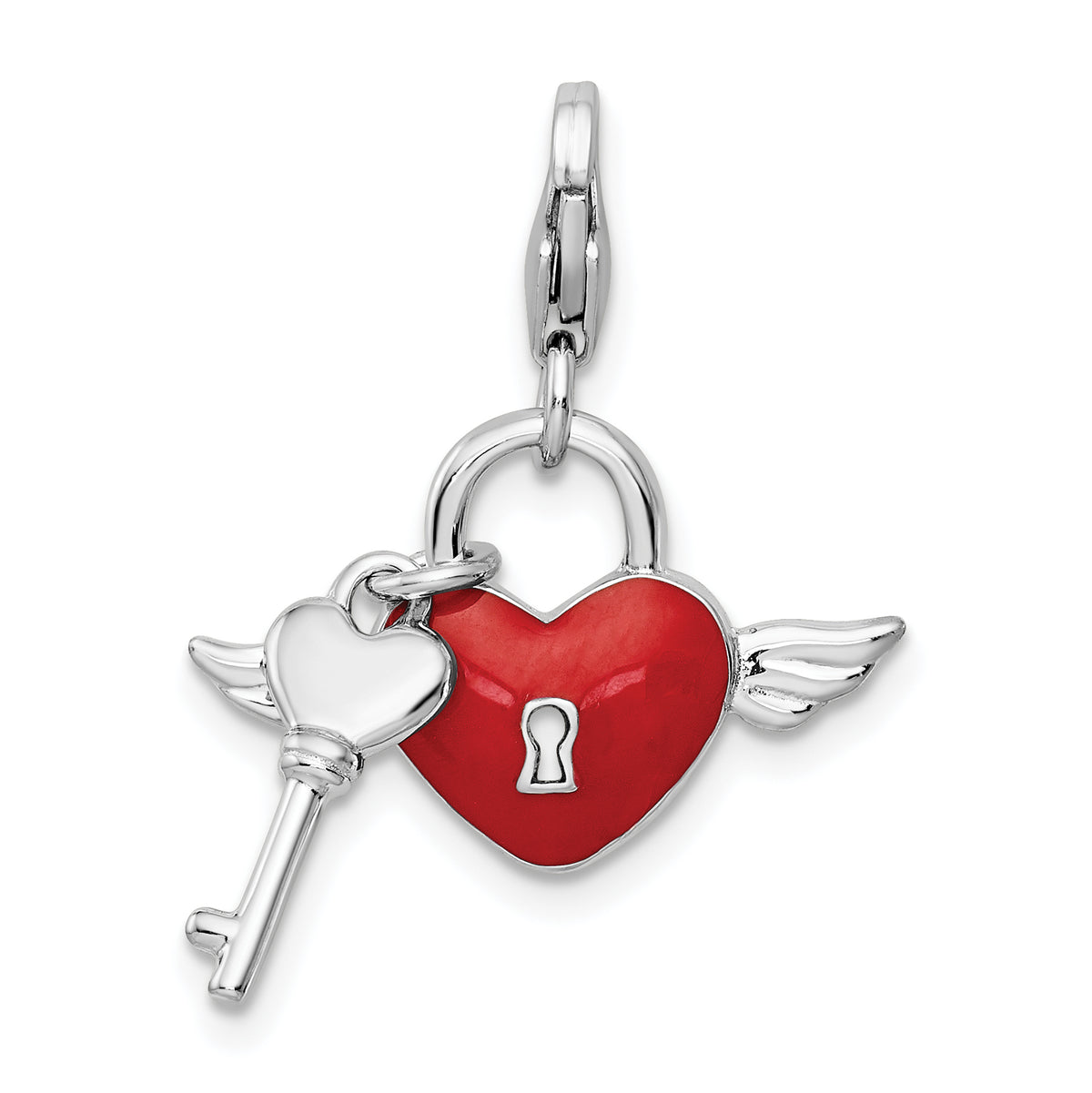 Amore La Vita Sterling Silver Rhodium-plated Polished Reversible Red Enameled Winged Heart and Key with Crystal From Swarovski Charm with Fancy Lobster Clasp