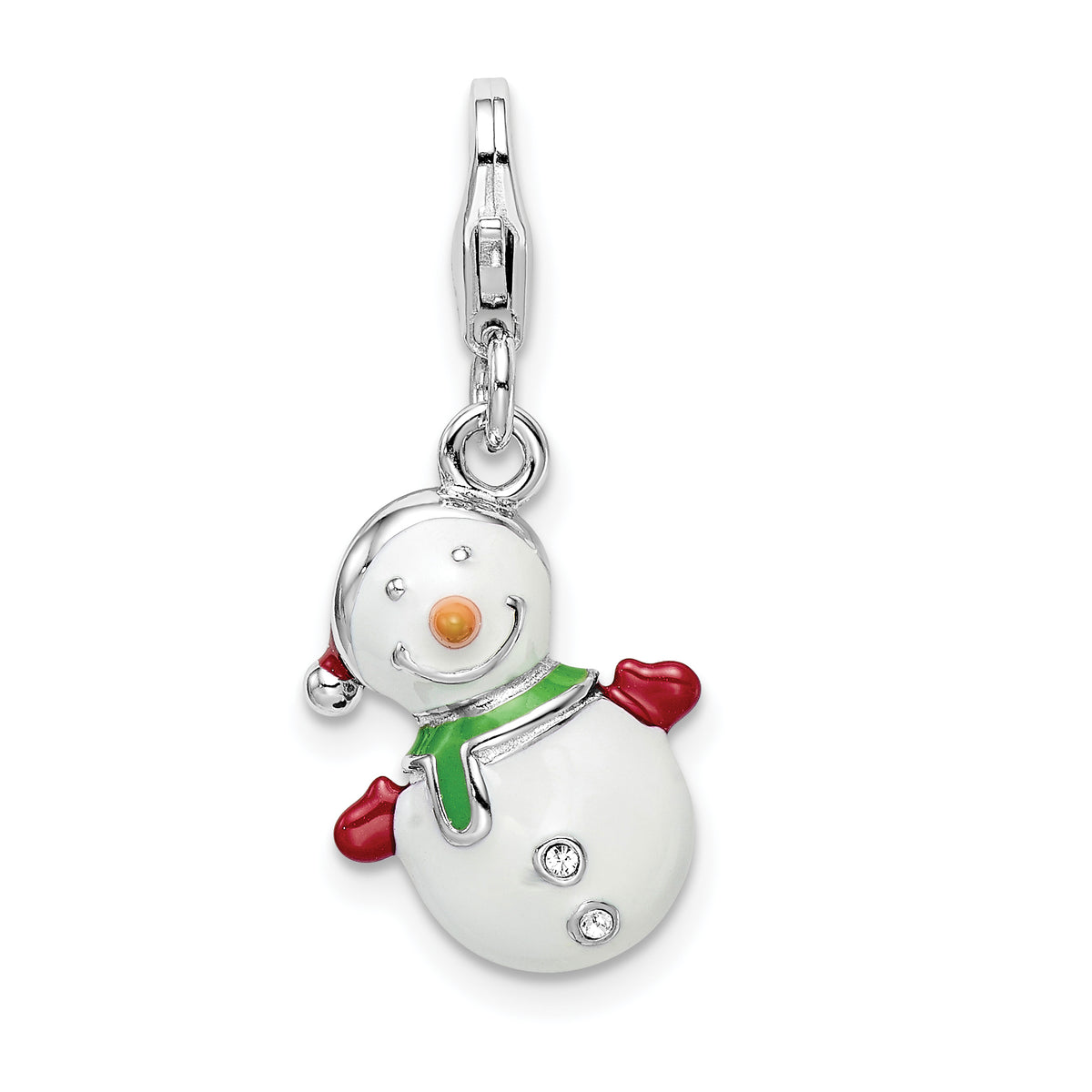 Amore La Vita Sterling Silver Rhodium-plated Polished 3-D Enameled with Crystal From Swarovski Snowman Lobster Clasp Charm