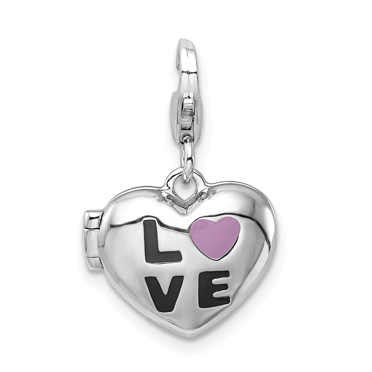 Amore La Vita Sterling Silver Rhodium-plated Polished 3-D Enameled LOVE Heart Locket Charm with Fancy Lobster Clasp