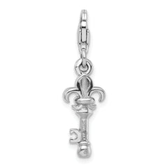 Sterling Silver Polished Fleur de Lis Key with Lobster Clasp Charm