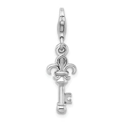 Amore La Vita Sterling Silver Rhodium-plated Polished 3-D Fleur de Lis Key Charm with Fancy Lobster Clasp