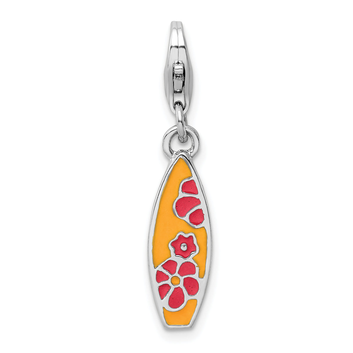 Amore La Vita Sterling Silver Rhodium-plated Polished Enameled Surf Board with Flowers Lobster Clasp Charm