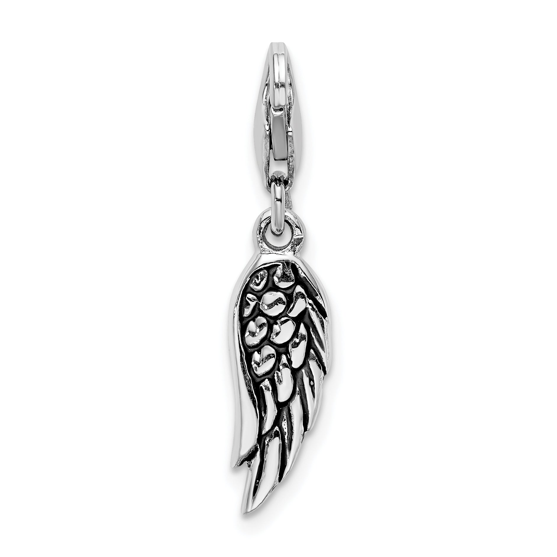 Amore La Vita Sterling Silver Rhodium-plated Polished 3-D Oxidized Wing Charm with Fancy Lobster Clasp