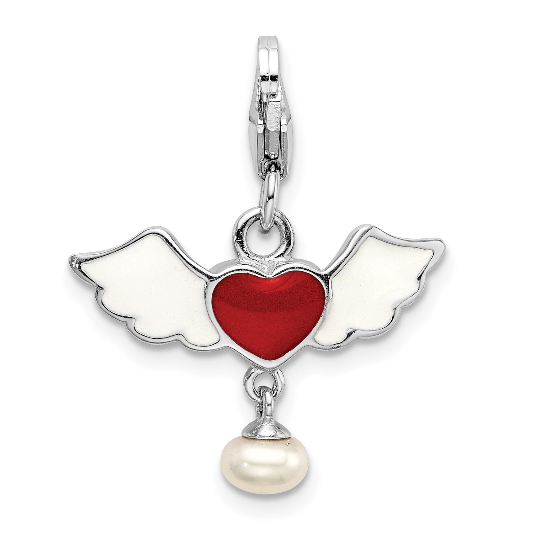 Amore La Vita Sterling Silver Rhodium-plated Polished 3-D Winged Enameled Red Heart and Freshwater Cultured Pearl Dangle Charm with Fancy Lobster Clasp