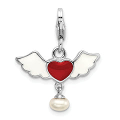 Amore La Vita Sterling Silver Rhodium-plated Polished 3-D Winged Enameled Red Heart and Freshwater Cultured Pearl Dangle Charm with Fancy Lobster Clasp