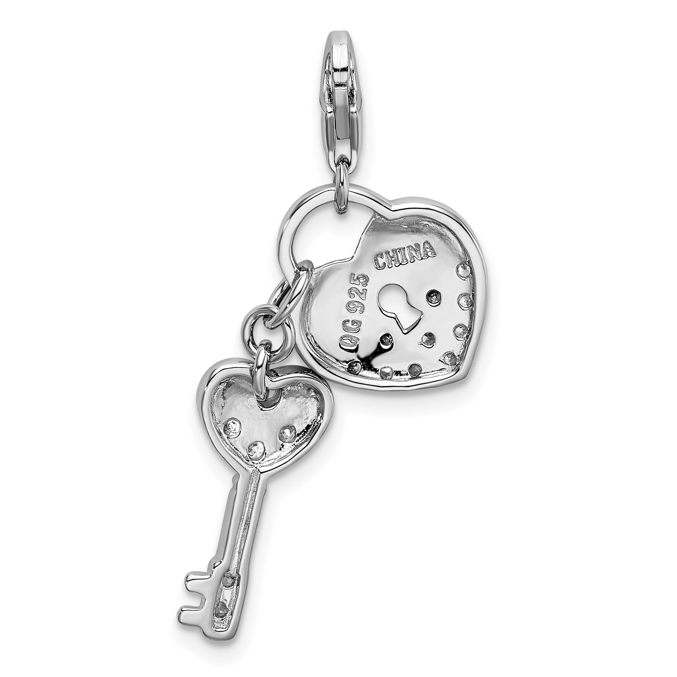 Amore La Vita Sterling Silver Rhodium-plated Polished CZ Heart and Key Charm with Fancy Lobster Clasp