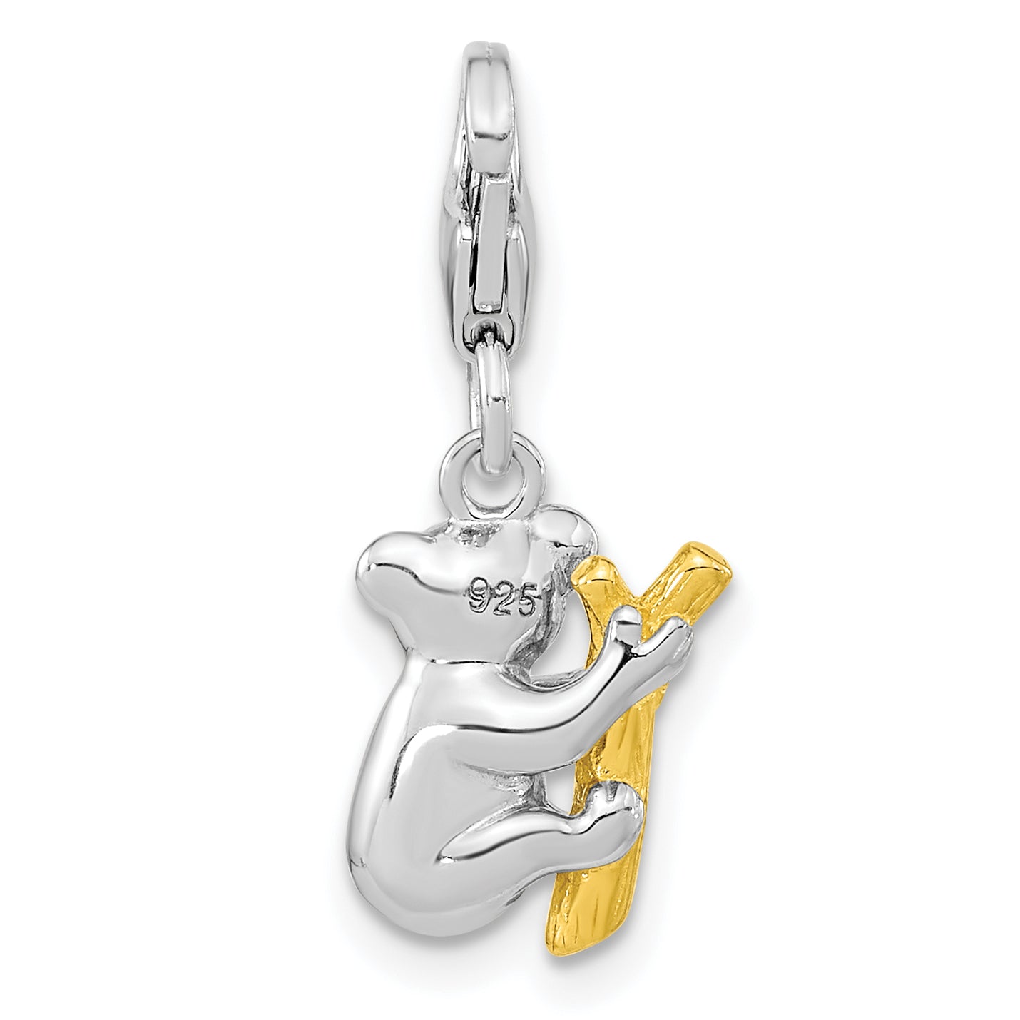 Amore La Vita Sterling Silver Rhodium-plated and Gold-plated 3-D Koala Bear on Tree Charm with Fancy Lobster Clasp