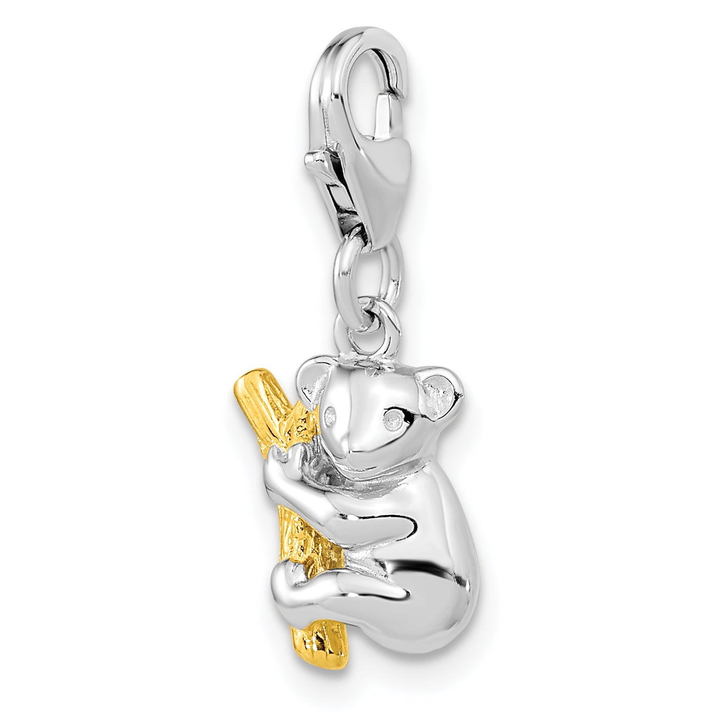 Amore La Vita Sterling Silver Rhodium-plated and Gold-plated 3-D Koala Bear on Tree Charm with Fancy Lobster Clasp