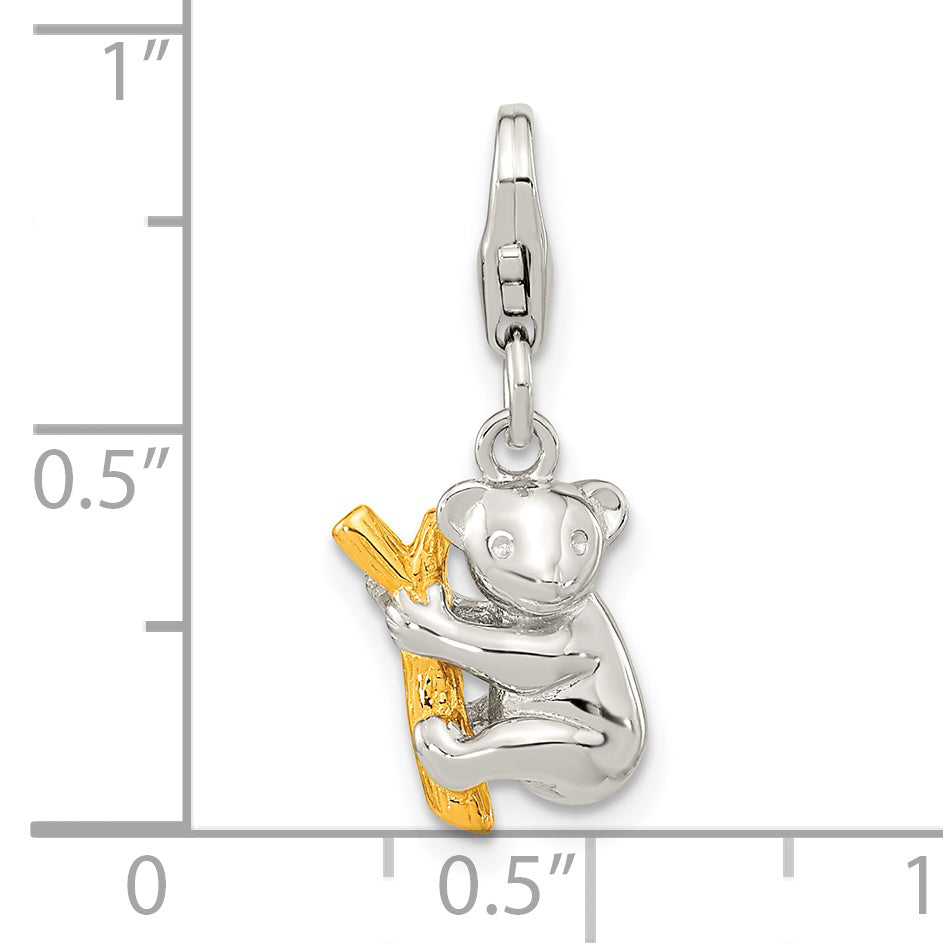 Amore La Vita Sterling Silver Rhodium-plated and Gold-plated 3-D Koala Bear on Tree Charm with Fancy Lobster Clasp