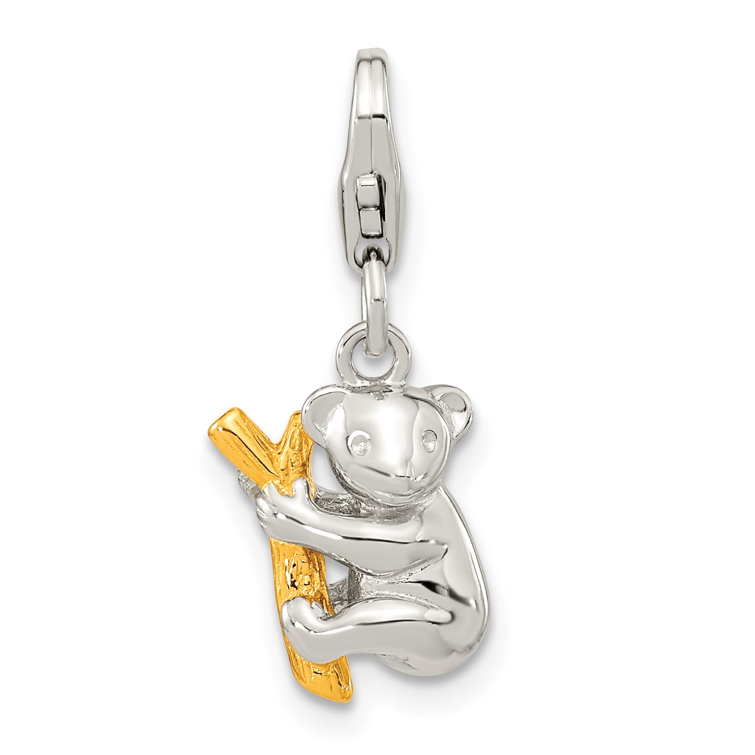 Amore La Vita Sterling Silver Rhodium-plated and Gold-plated 3-D Koala Bear on Tree Charm with Fancy Lobster Clasp