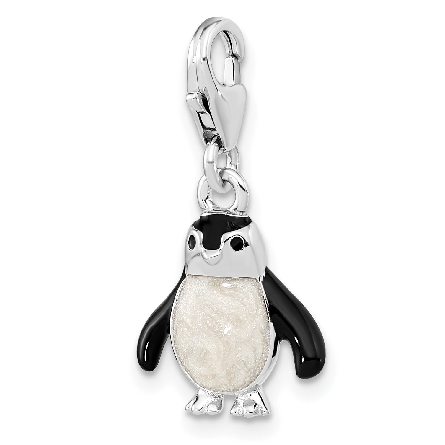 Amore La Vita Sterling Silver Rhodium-plated Polished 3-D Glitter Enameled Penguin Charm with Fancy Lobster Clasp