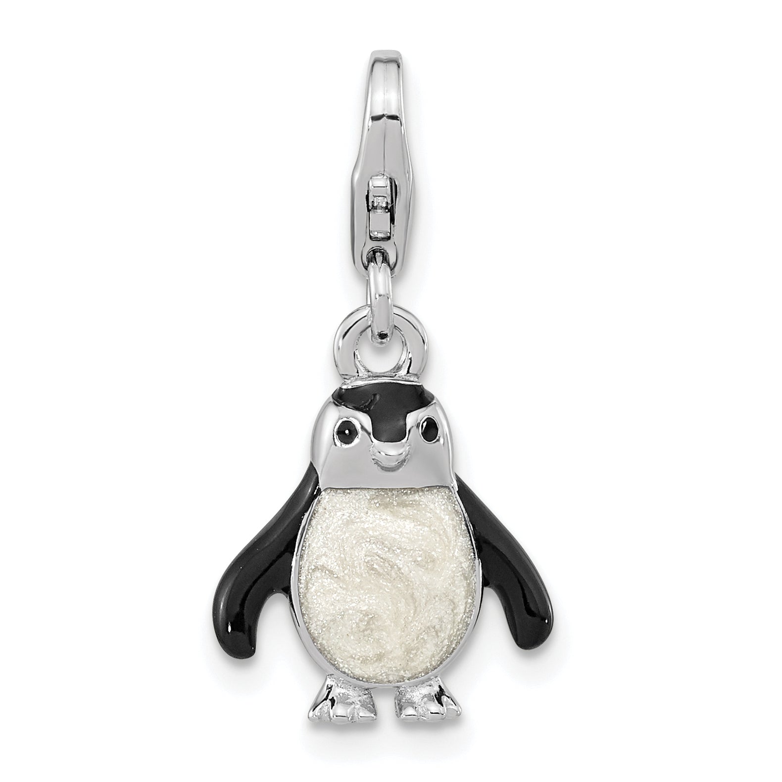 Amore La Vita Sterling Silver Rhodium-plated Polished 3-D Glitter Enameled Penguin Charm with Fancy Lobster Clasp