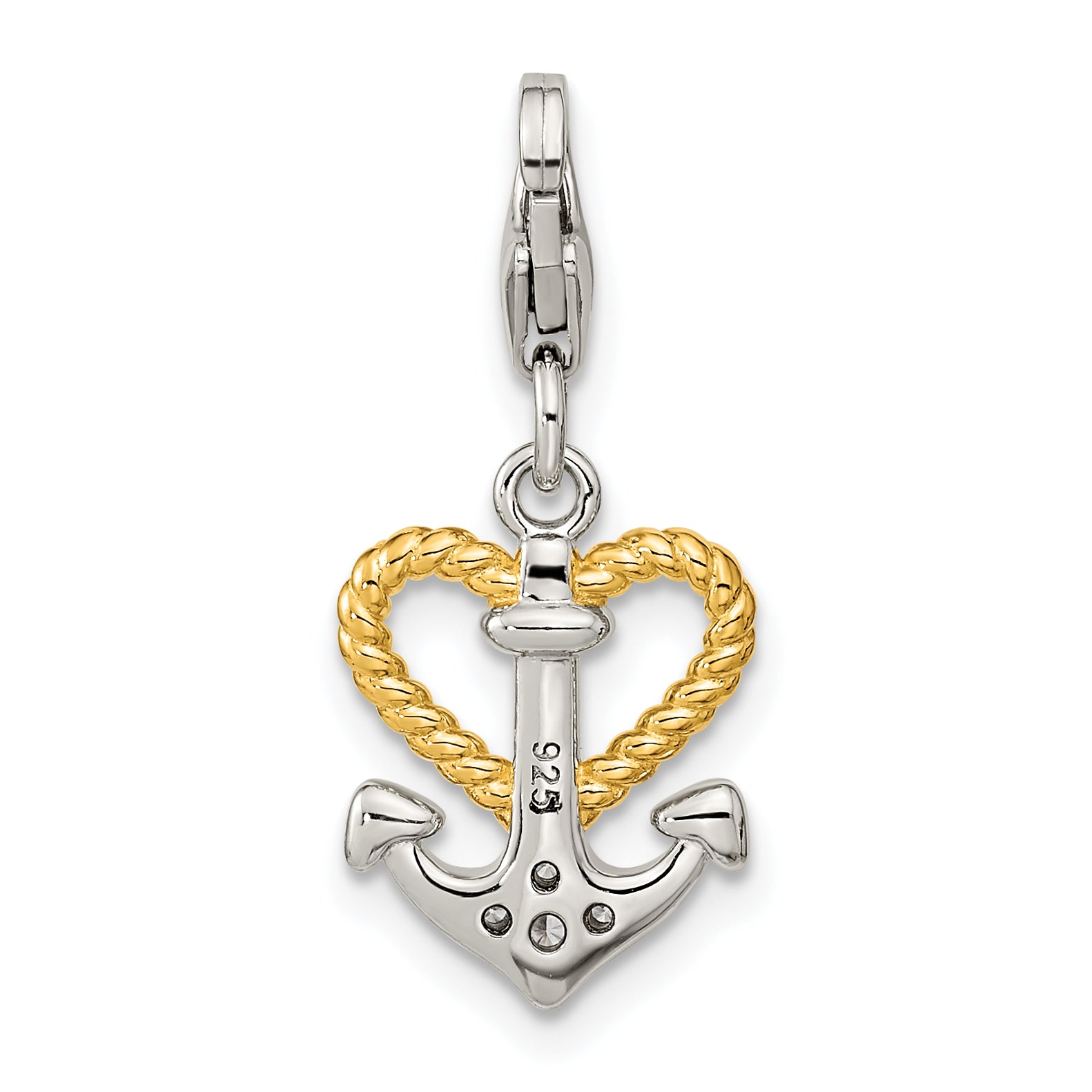 Amore La Vita Sterling Silver Rhodium-plated and Gold-plated CZ Heart and Anchor Charm with Fancy Lobster Clasp