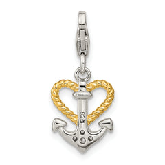 Amore La Vita Sterling Silver Rhodium-plated and Gold-plated CZ Heart and Anchor Charm with Fancy Lobster Clasp