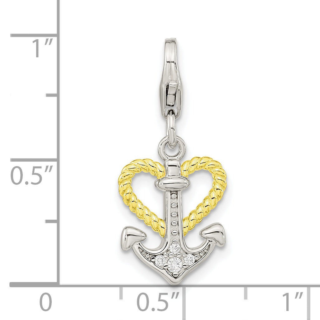 Amore La Vita Sterling Silver Rhodium-plated and Gold-plated CZ Heart and Anchor Charm with Fancy Lobster Clasp